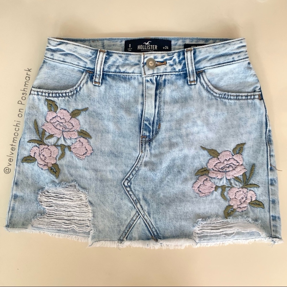 Hollister ~ 100% Cotton Lilac Flower Embroidered Denim Jean High Rise Skirt!